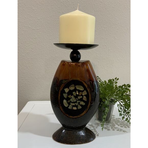 Feng Shui Pillar Candle Holder Wrought Iron Poured Glaze Abalone Shell Inlay - Picture 5 of 8